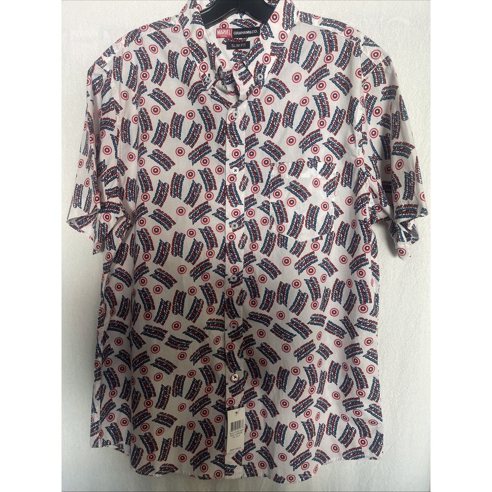 Captain America Shirt Short Sleeves Button Front Marvel Superhero NWT Slim Fit